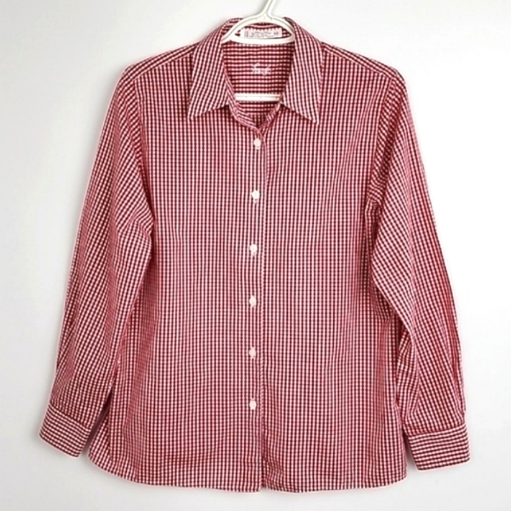 Foxcroft Women's Red White Plaid Gingham Cotton Blend Button Up Shirt Sz 10p